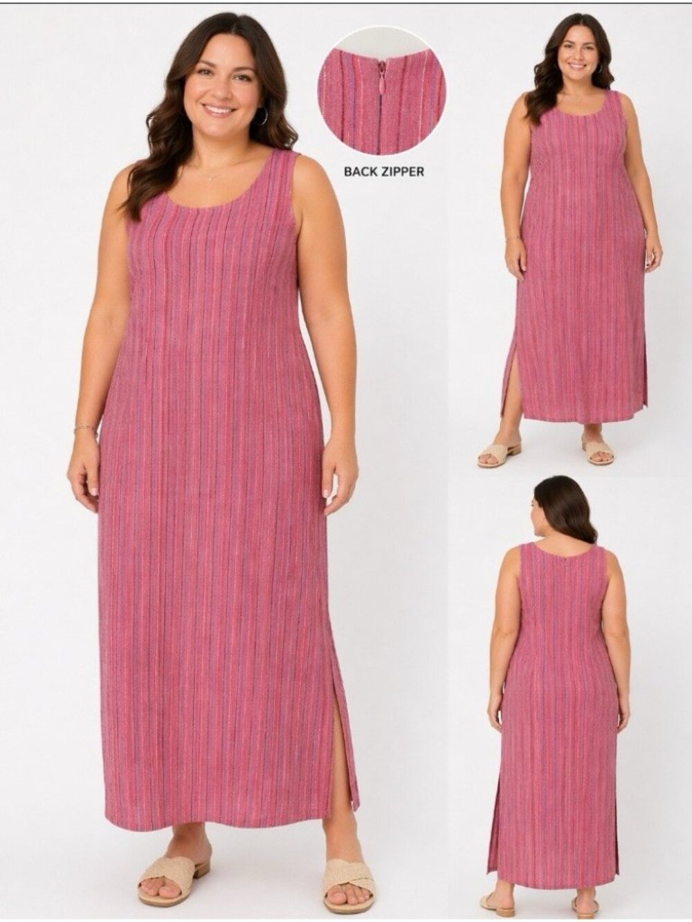 Laura Scott Maxi Long Dress Women 20W Slide Slit Linen Blend  Lagenlook Stripe